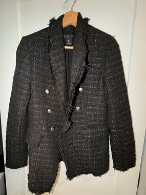 Rachel Zoe Black Tweed Frayed Double-Breasted Blazer